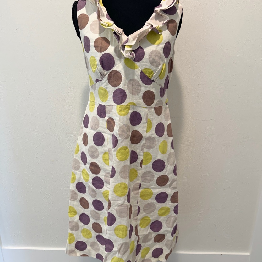 Boden Cream Midi Dress with Purple and Yellow Polka Dots